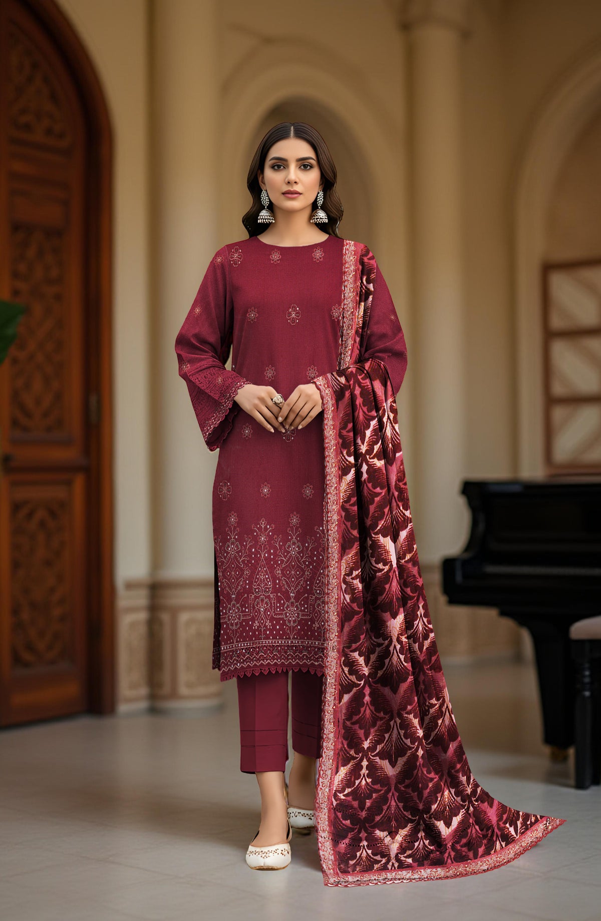 Queen Sweet Embroidered Peach Unstitched 3 Piece Suit - Design-01 - QU25ALK - Maroon - Luxury Collection