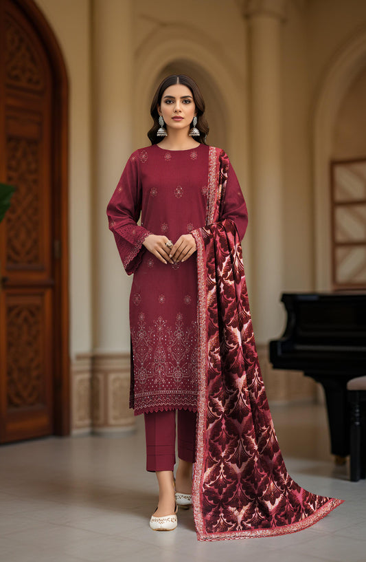 Queen Sweet Embroidered Peach Unstitched 3 Piece Suit - Design-01 - QU25ALK - Maroon - Luxury Collection