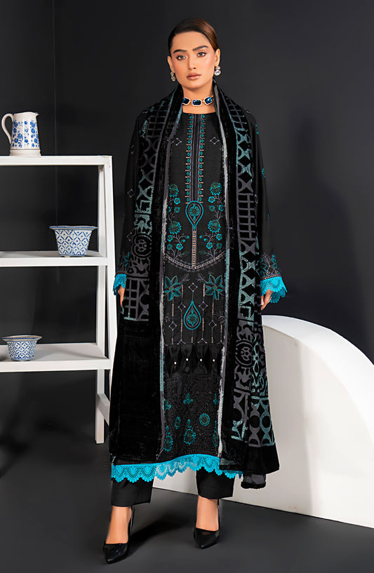 Queen Luxurious Embroidered Palachi Unstitched 3 Piece Suit - D-05 - QU25PLC - Black - Winter Collection