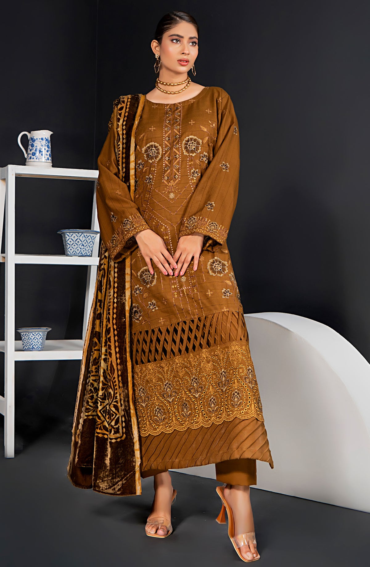 Queen Luxurious Embroidered Palachi Unstitched 3 Piece Suit - D-04 - QU25PLC - Mustard - Winter Collection
