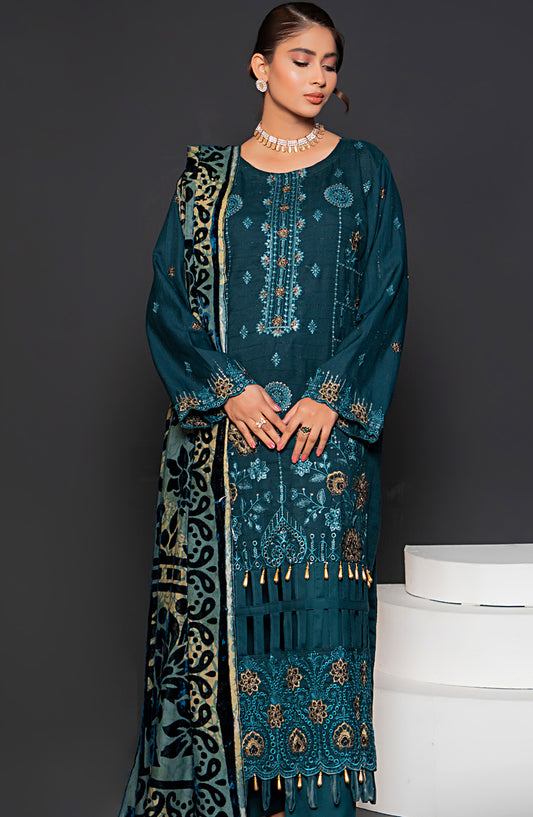 Queen Luxurious Embroidered Palachi Unstitched 3 Piece Suit - D-03 - QU25PLC - Teal - Winter Collection