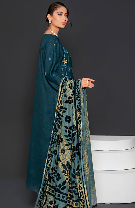 Queen Luxurious Embroidered Palachi Unstitched 3 Piece Suit - D-03 - QU25PLC - Teal - Winter Collection