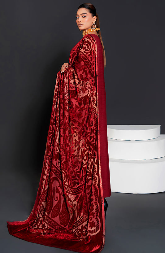 Queen Luxurious Embroidered Palachi Unstitched 3 Piece Suit - D-02 - QU25PLC - Red - Winter Collection