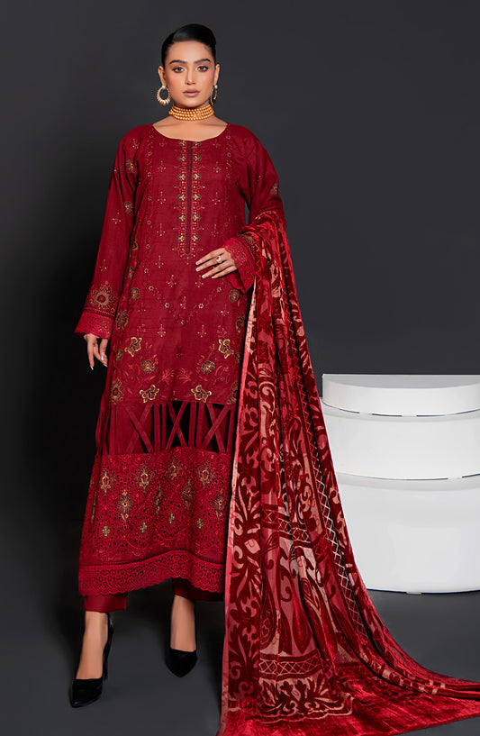 Queen Luxurious Embroidered Palachi Unstitched 3 Piece Suit - D-02 - QU25PLC - Red - Winter Collection
