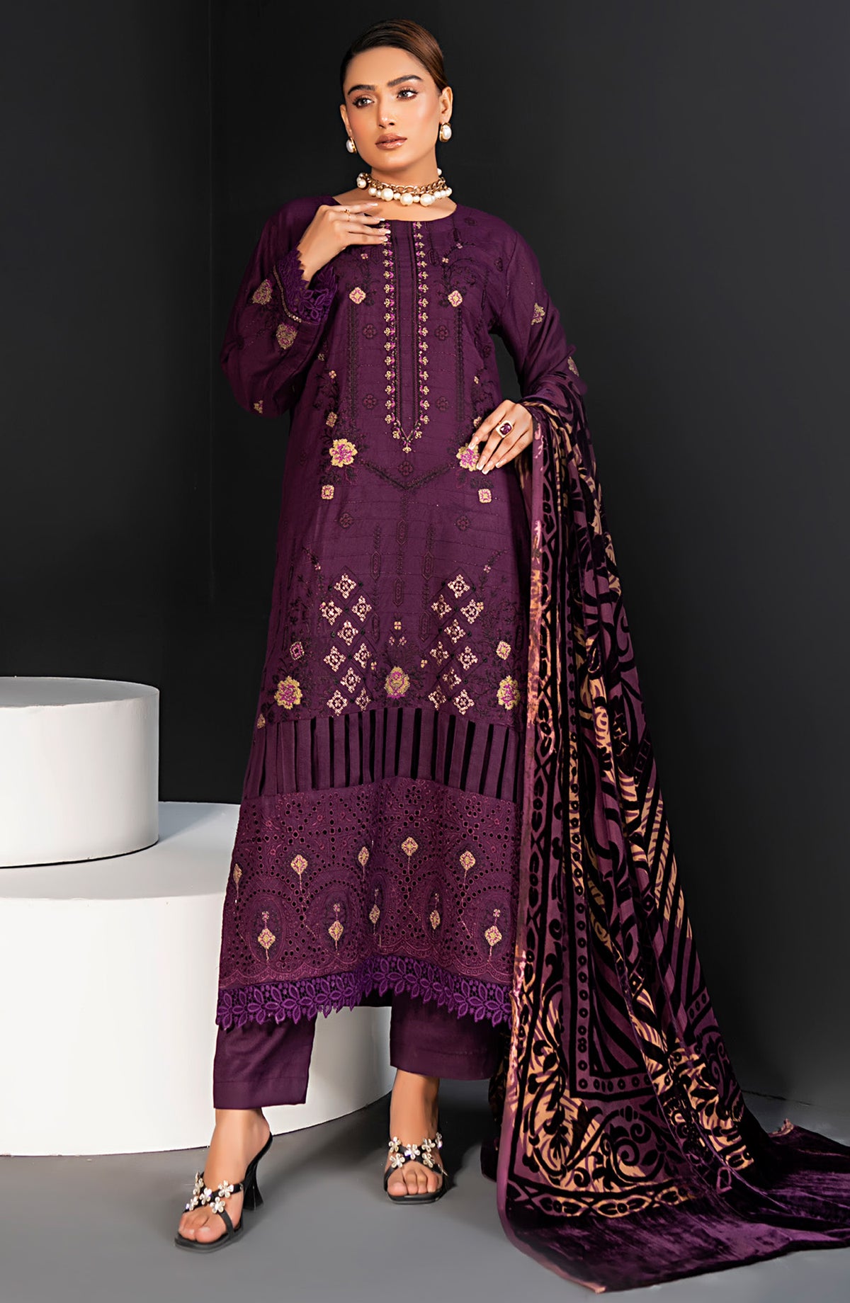 Queen Luxurious Embroidered Palachi Unstitched 3 Piece Suit - D-01 - QU25PLC - Purple - Winter Collection