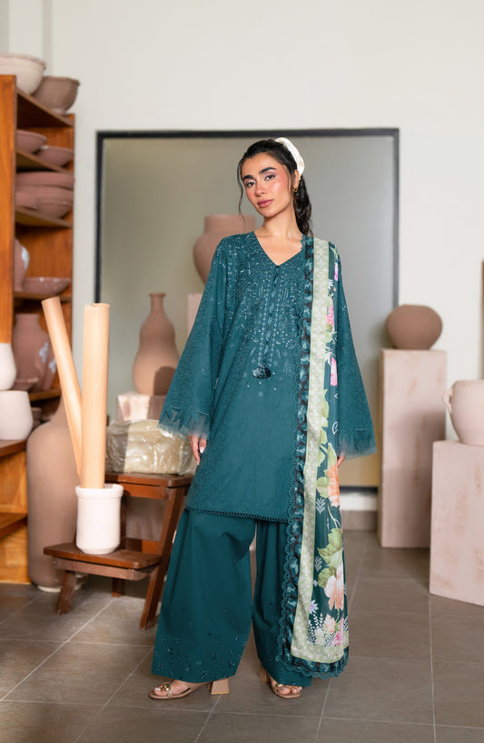 RAHA by Nureh Embroidered Lawn Jacquard Unstitched 3 Piece Suit - NE-237 - NL26RH - Teal - Summer Collection