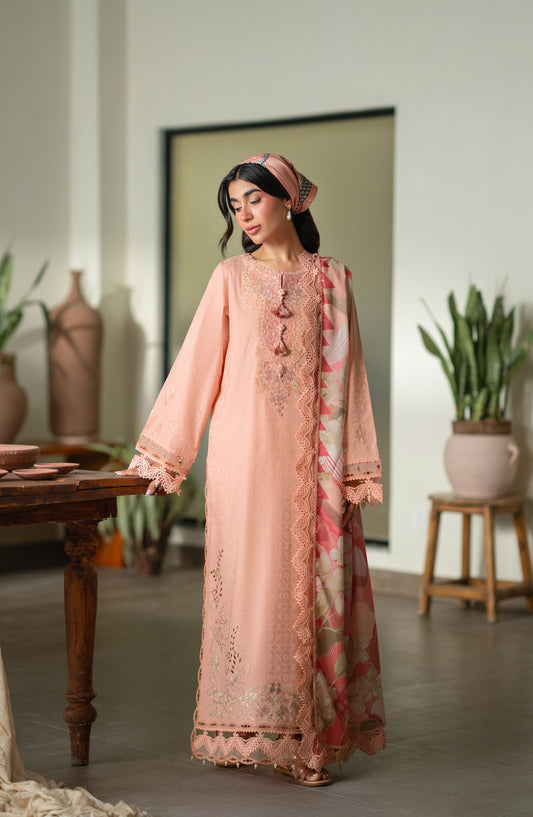 RAHA by Nureh Embroidered Lawn Jacquard Unstitched 3 Piece Suit - NE-235 - NL26RH - Peach - Summer Collection