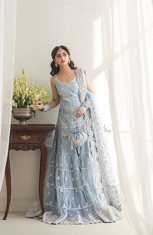 RUA by Faiza Saqlain Embroidered Net Unstitched 3 Piece Suit - OYA - FS25RUA - Blue - Wedding Festive Collection