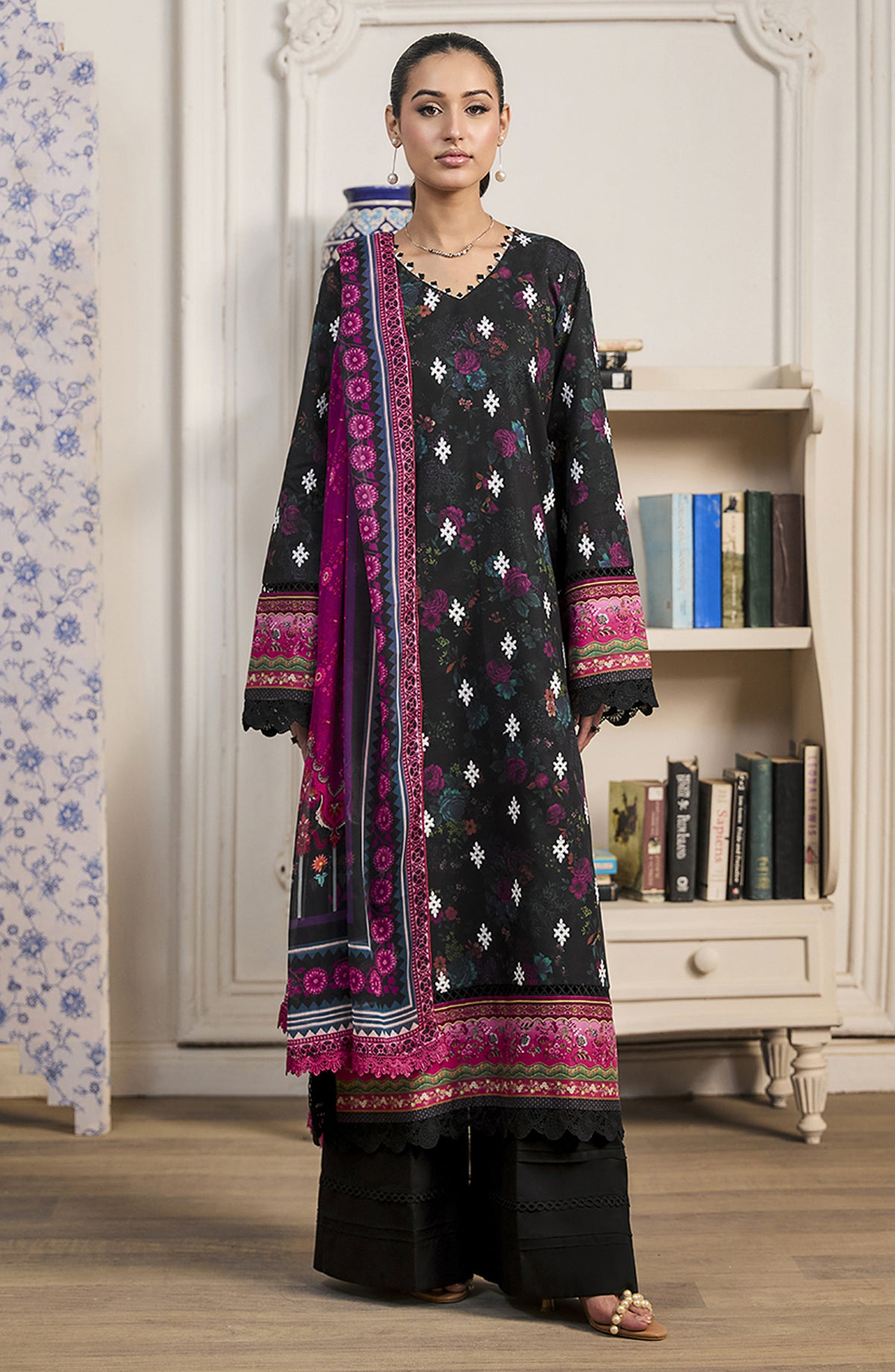 Raha by RajBari Chikankari Lawn Unstitched 3 Piece Suit - D-07 - RJB26RH - Black - Summer Collection