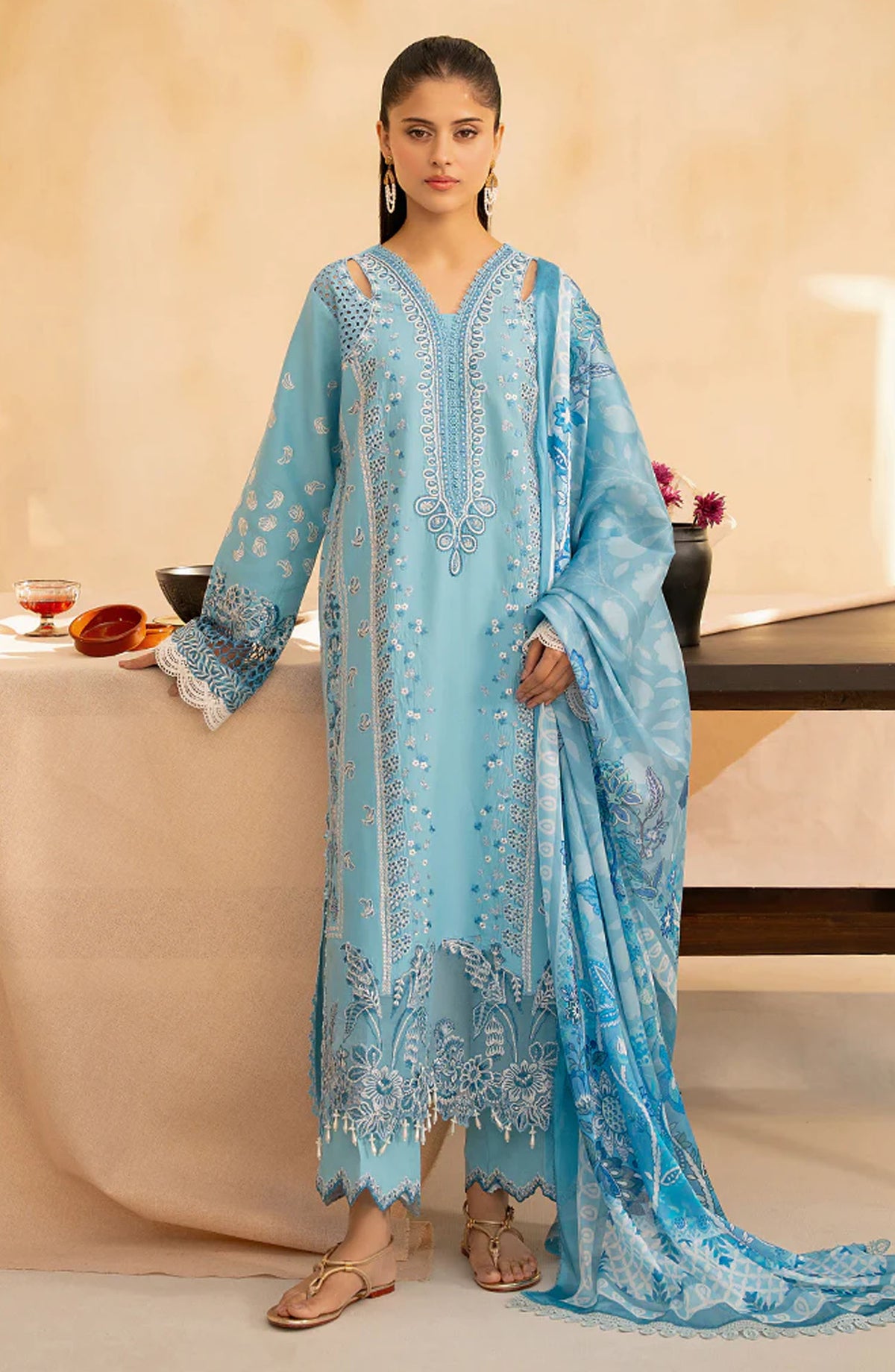 RajBari Jahaan Embroidered Premium Lawn Unstitched 3 Piece Suit - SIRA 5-B - RJB25JNP - Blue - Summer Festive Collection