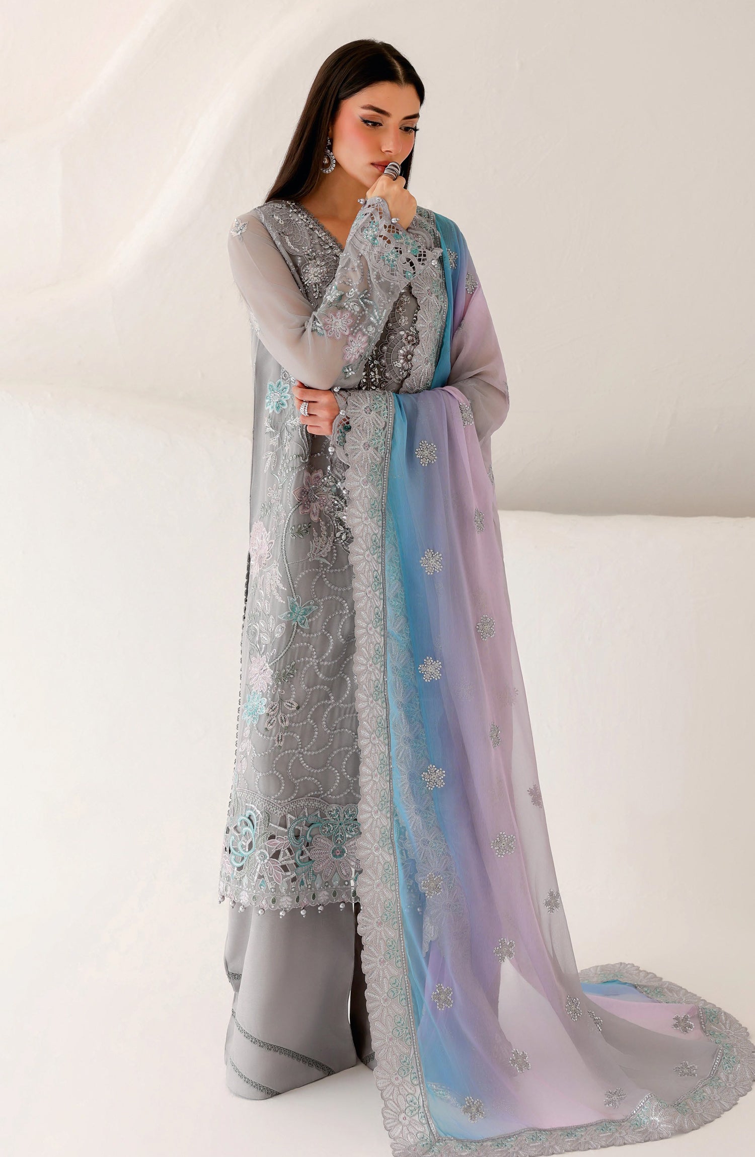 Ramsha Satrangi Embroidered Chiffon Unstitched 3 Piece Suit - ST-201 - RM26STG - Grey - Festive Collection