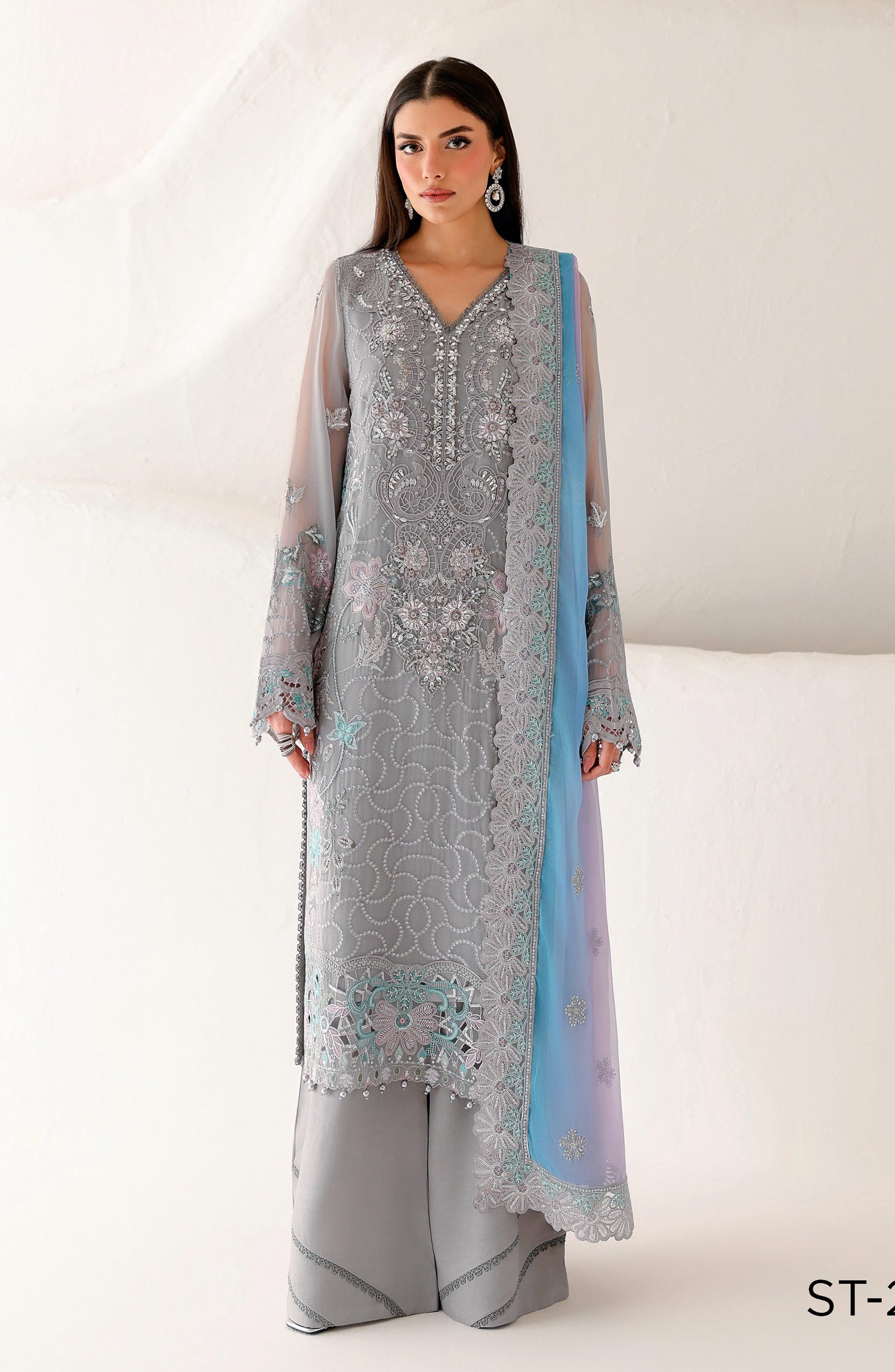 Ramsha Satrangi Embroidered Chiffon Unstitched 3 Piece Suit - ST-201 - RM26STG - Grey - Festive Collection