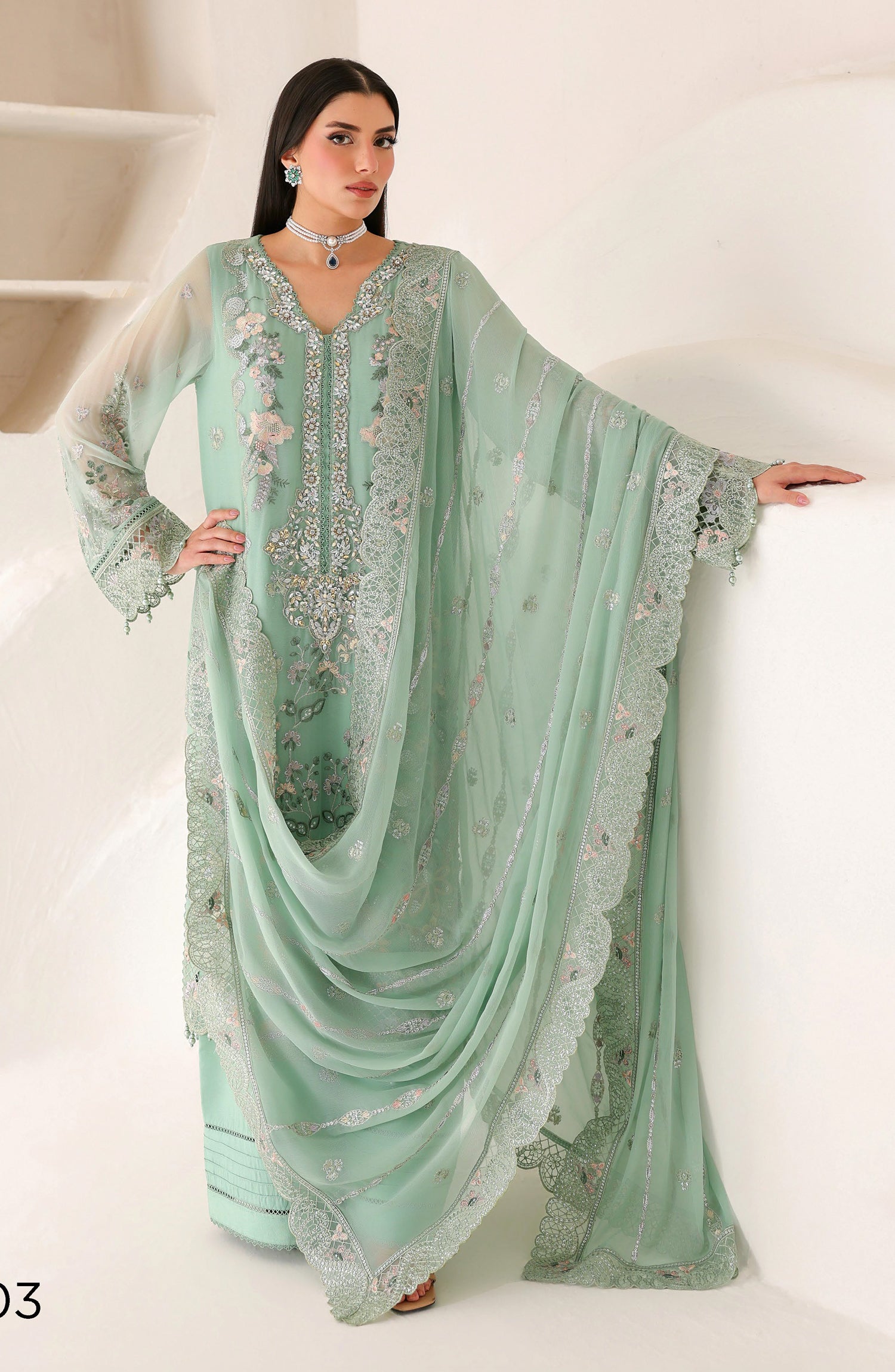 Ramsha Satrangi Embroidered Chiffon Unstitched 3 Piece Suit - ST-203 - RM26STG - Green - Festive Collection