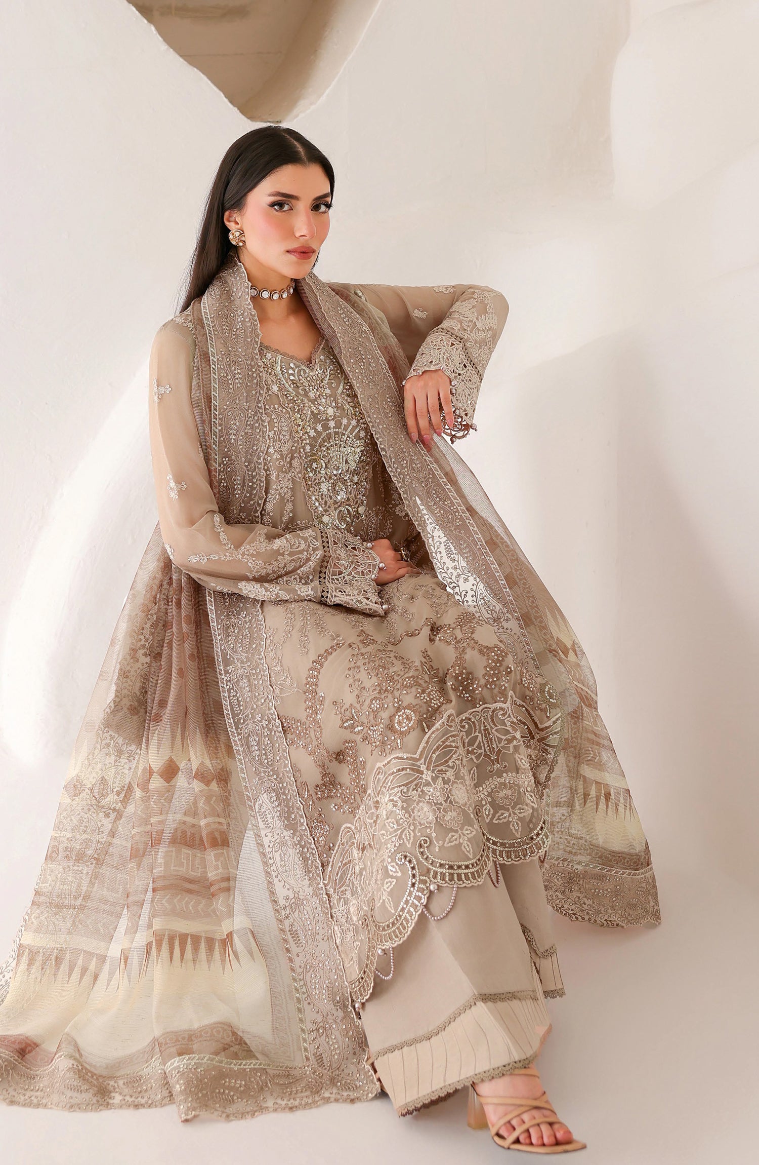 Ramsha Satrangi Embroidered Chiffon Unstitched 3 Piece Suit - ST-204 - RM26STG - Beige - Festive Collection