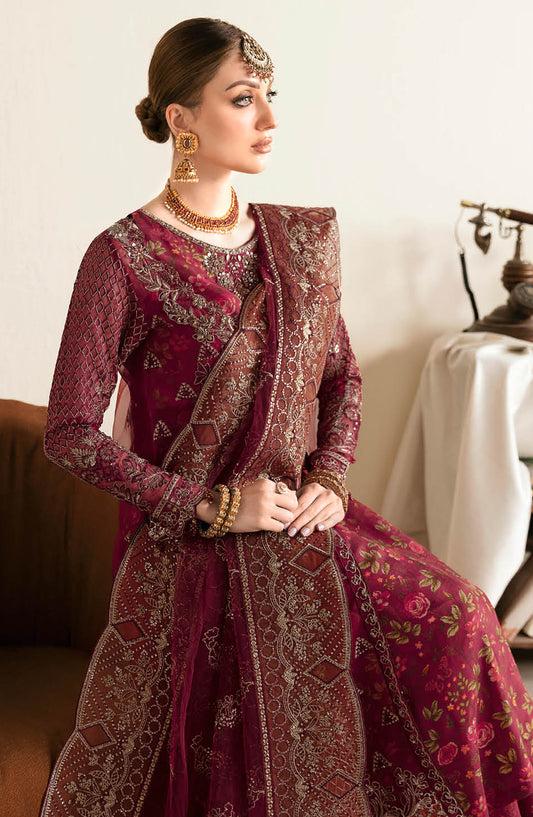 Ramsha Luxury Formals Embroidered Organza Stitched 3 Piece Suit - E-103 - RM25LFS - Maroon - Signature Series