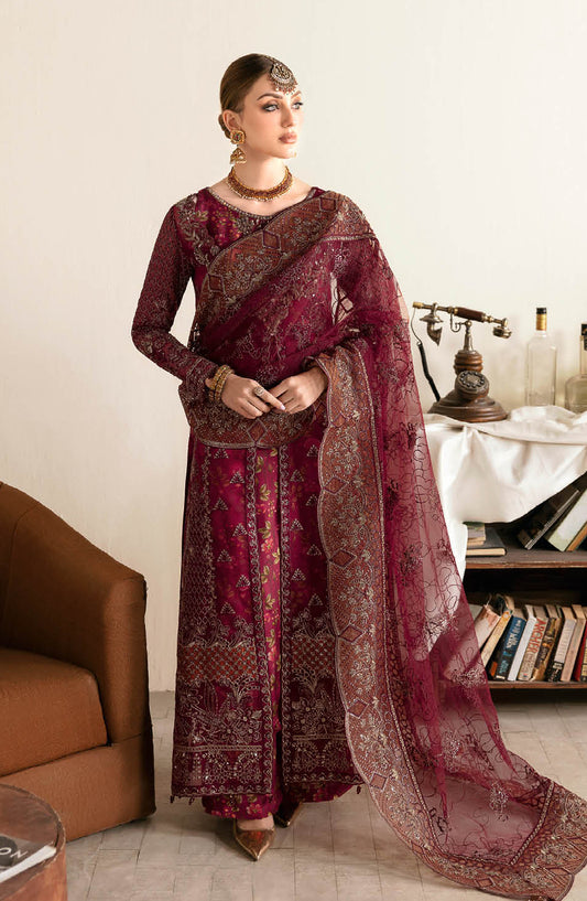 Ramsha Luxury Formals Embroidered Organza Stitched 3 Piece Suit - E-103 - RM25LFS - Maroon - Signature Series