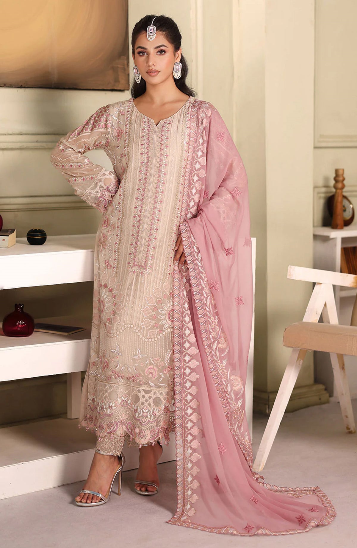 Ramsha Luxury Formals Embroidered Chiffon Stitched 3 Piece Suit - F-2704 - RM25LFS - Pink - Signature Series