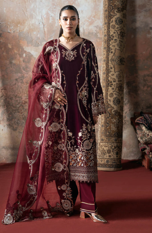 Ramsha Luxury Embroidered Velvet Unstitched 3 Piece Suit - V-701 - RM25VLT - Maroon - Winter Collection