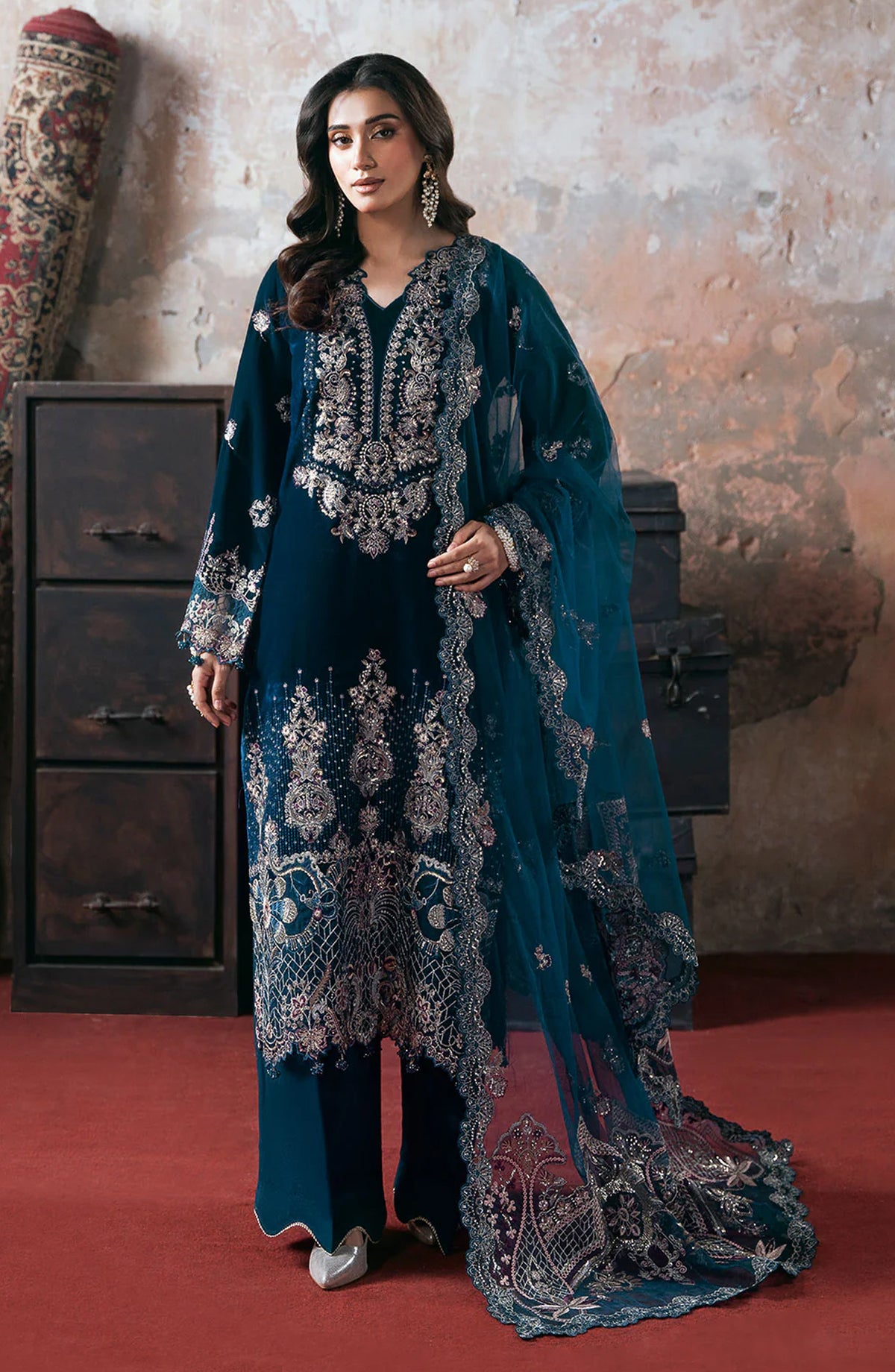 Ramsha Luxury Embroidered Velvet Unstitched 3 Piece Suit - V-707 - RM25VLT - Teal - Winter Collection