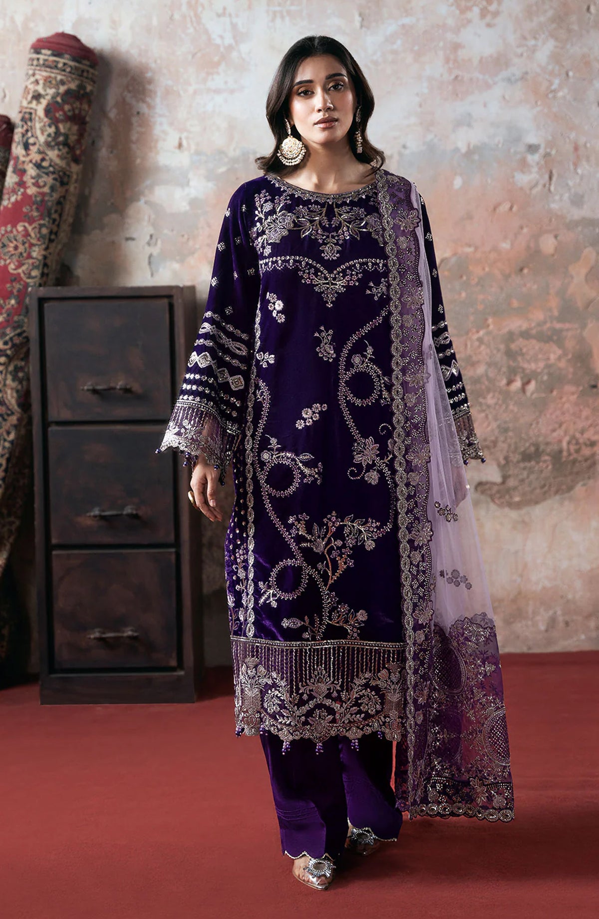 Ramsha Luxury Embroidered Velvet Unstitched 3 Piece Suit - V-708 - RM25VLT - Purple - Winter Collection