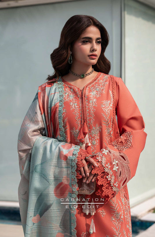 Rang Rasiya Carnation Embroidered Lawn Unstitched 3 Piece Suit - Leeza - RR26CR - Orange - Festive Collection