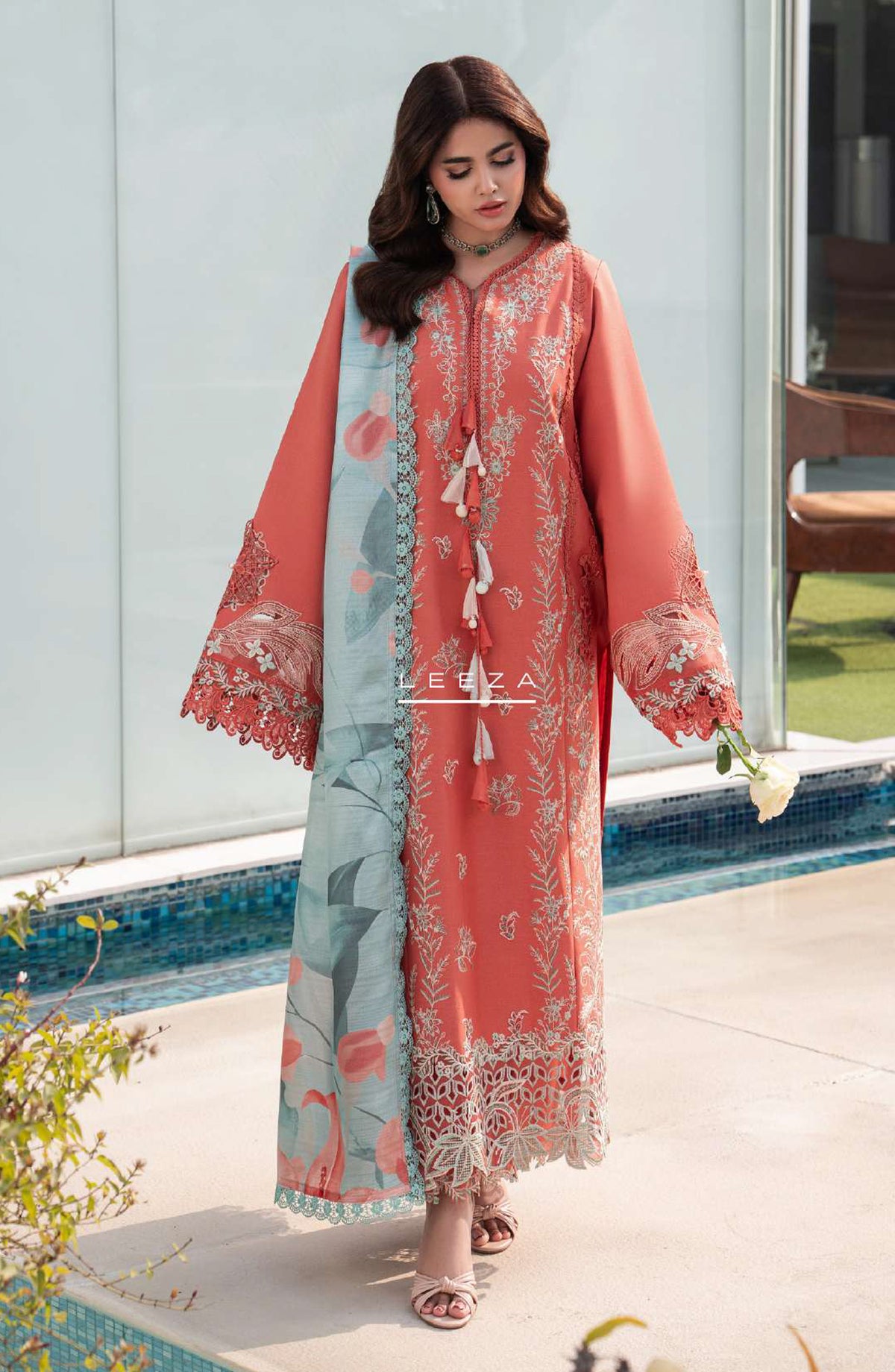 Rang Rasiya Carnation Embroidered Lawn Unstitched 3 Piece Suit - Leeza - RR26CR - Orange - Festive Collection