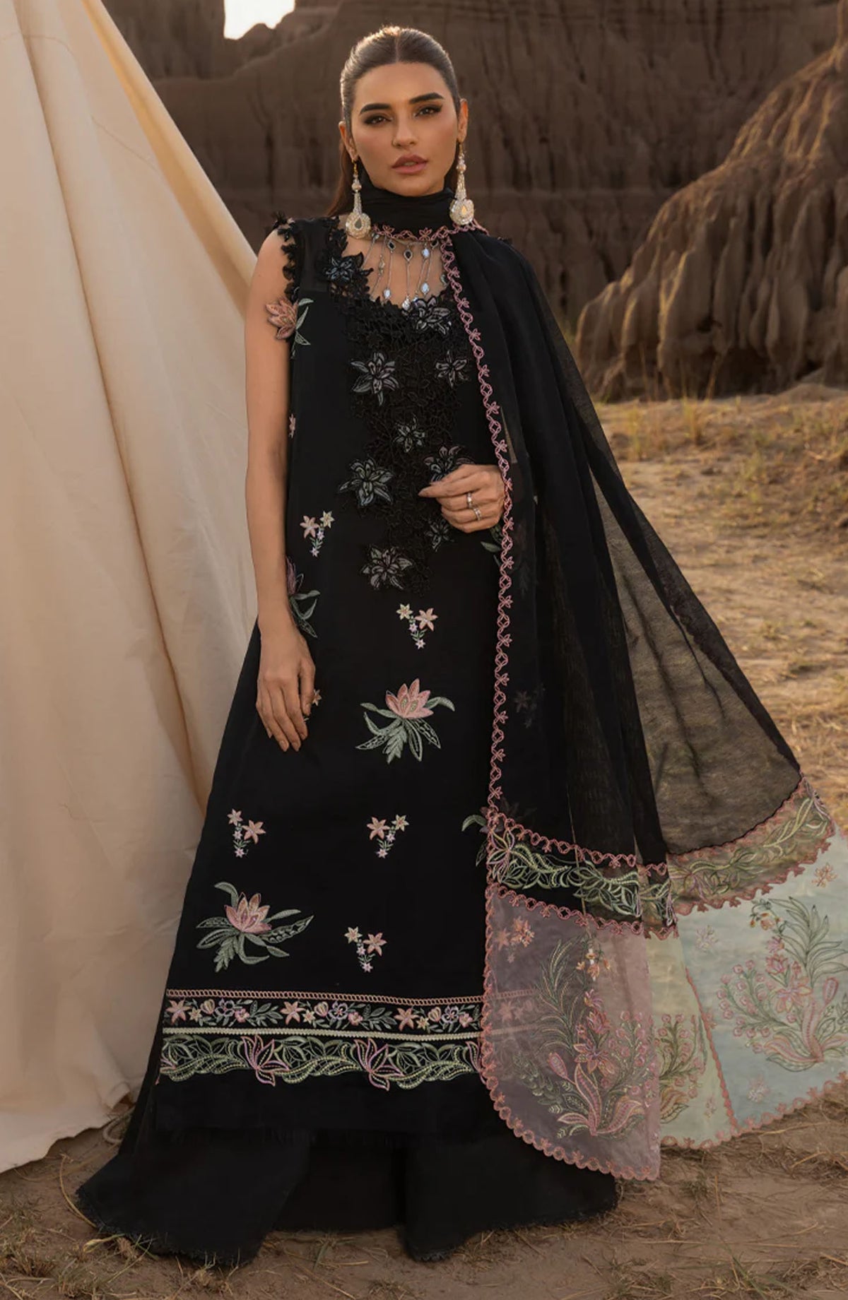 Rang Rasiya Embroidered Cotton Unstitched 3 Piece Suit - Zoya - RR25PEE - Black - Eid Collection