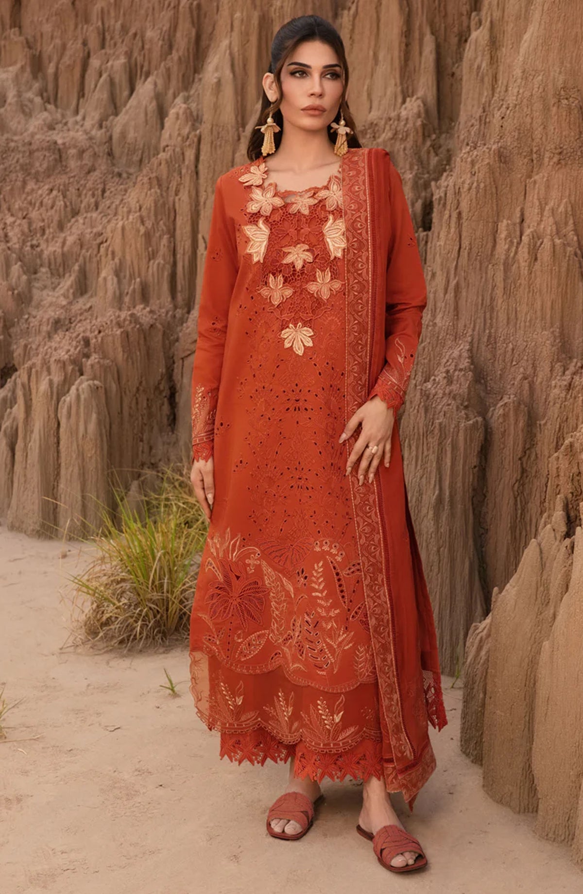 Rang Rasiya Embroidered Lawn Unstitched 3 Piece Suit - Mahi - RR25PEE - Orange - Eid Collection
