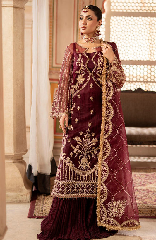 Rangreza by Zebtan Luxury Embroidered Organza Unstitched 3 Piece Suit - RZ-03 - ZBT25RNG - Maroon - Formals Collection