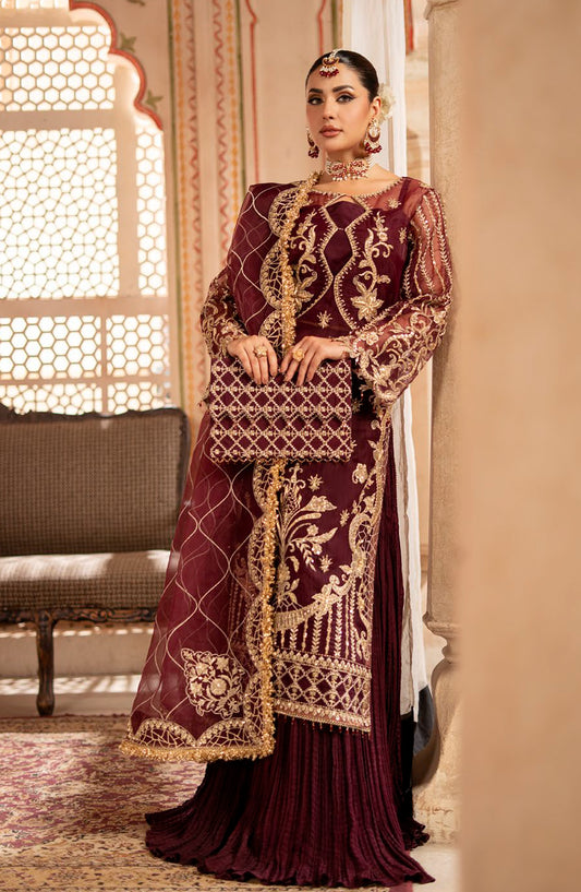 Rangreza by Zebtan Luxury Embroidered Organza Unstitched 3 Piece Suit - RZ-03 - ZBT25RNG - Maroon - Formals Collection