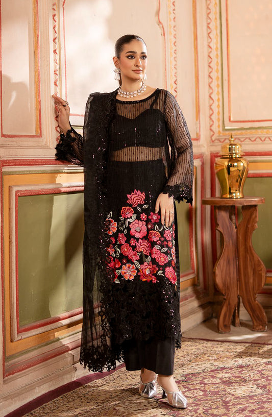 Rangreza by Zebtan Luxury Embroidered Organza Unstitched 3 Piece Suit - RZ-02 - ZBT25RNG - Black - Formals Collection