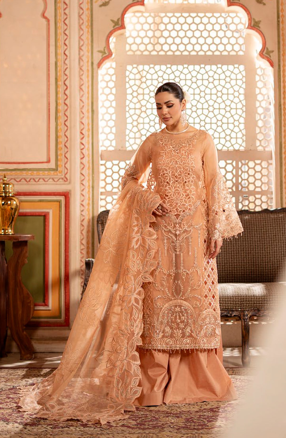 Rangreza by Zebtan Luxury Embroidered Organza Unstitched 3 Piece Suit - RZ-01 - ZBT25RNG - Peach - Formals Collection