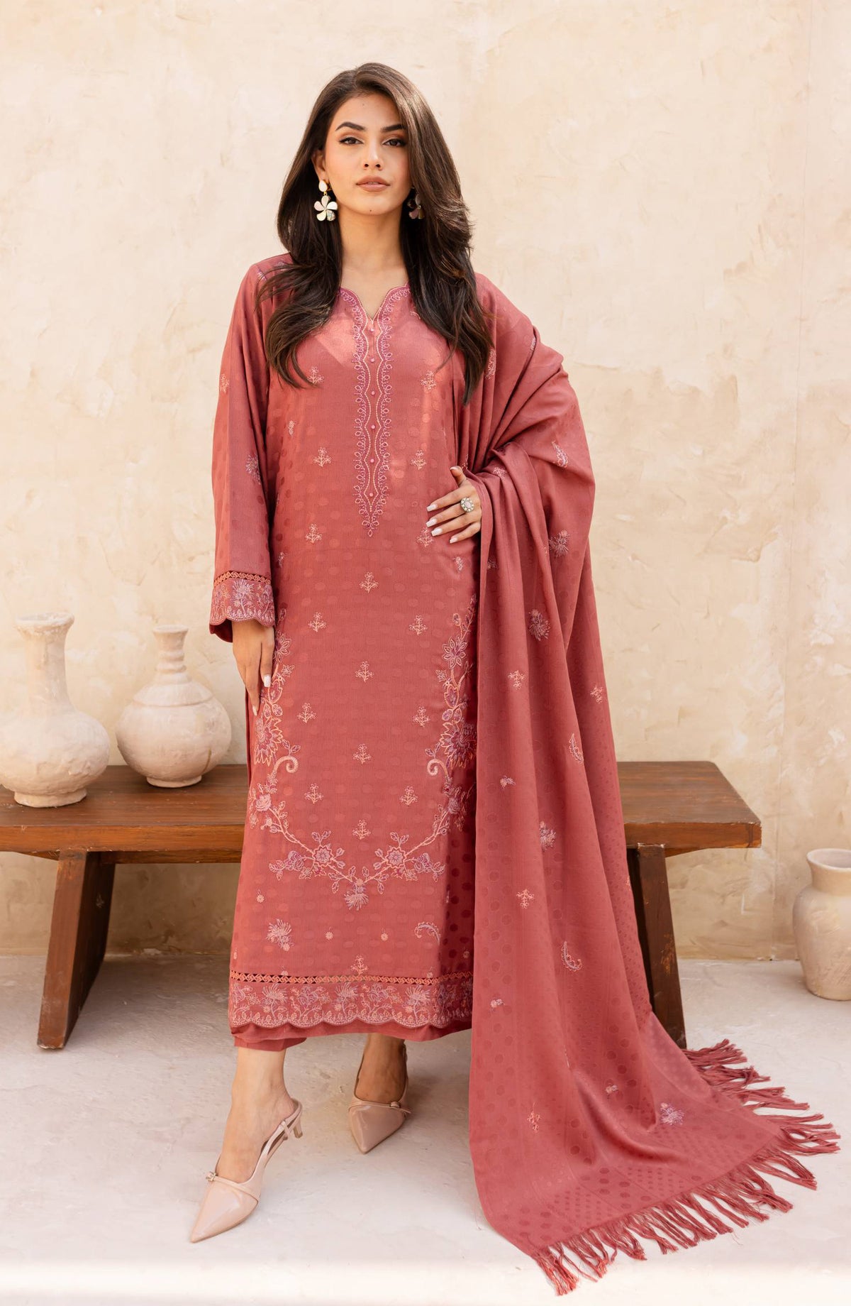 Rashid Textile Chamkeeli Embroidered Dhanak Zari Wool Unstitched 3 Piece Suit - D-4010 - RSH25CHM - Pink - Winter Collection