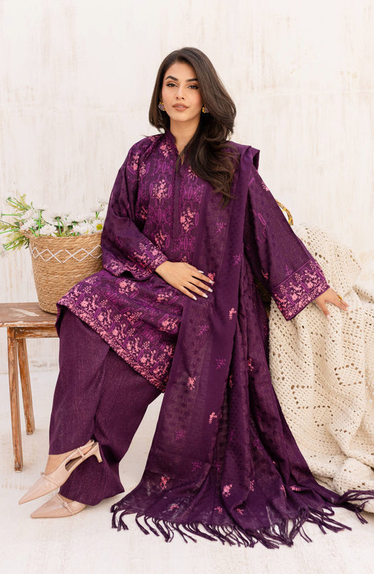 Rashid Textile Chamkeeli Embroidered Dhanak Zari Wool Unstitched 3 Piece Suit - D-4009 - RSH25CHM - Purple - Winter Collection
