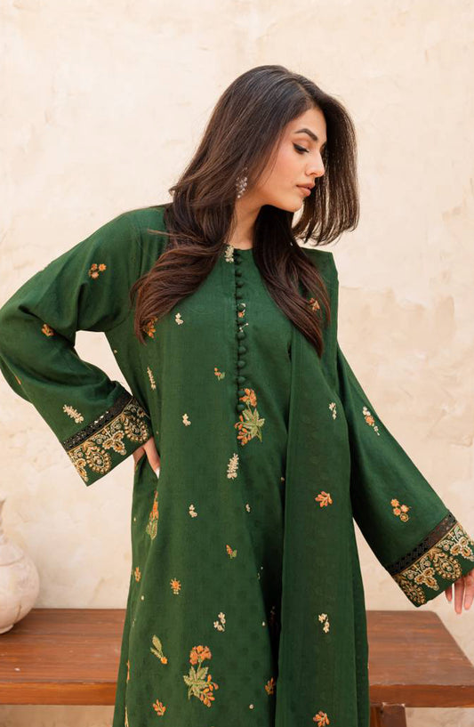 Rashid Textile Chamkeeli Embroidered Dhanak Zari Wool Unstitched 3 Piece Suit - D-4008 - RSH25CHM - Green - Winter Collection