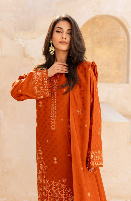 Rashid Textile Chamkeeli Embroidered Dhanak Zari Wool Unstitched 3 Piece Suit - D-4007 - RSH25CHM - Rust - Winter Collection