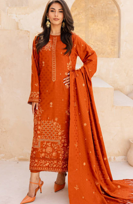 Rashid Textile Chamkeeli Embroidered Dhanak Zari Wool Unstitched 3 Piece Suit - D-4007 - RSH25CHM - Rust - Winter Collection