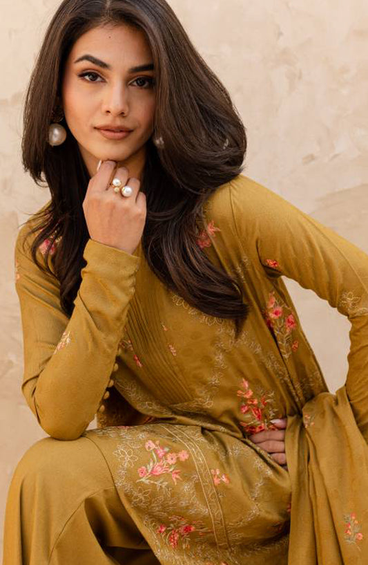 Rashid Textile Chamkeeli Embroidered Dhanak Zari Wool Unstitched 3 Piece Suit - D-4005 - RSH25CHM - Dhani - Winter Collection