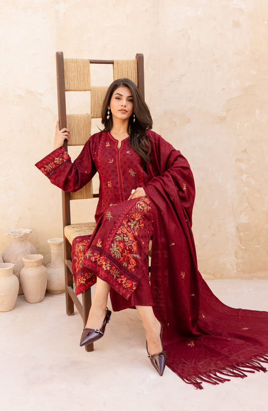 Rashid Textile Chamkeeli Embroidered Dhanak Zari Wool Unstitched 3 Piece Suit - D-4003 - RSH25CHM - Maroon - Winter Collection