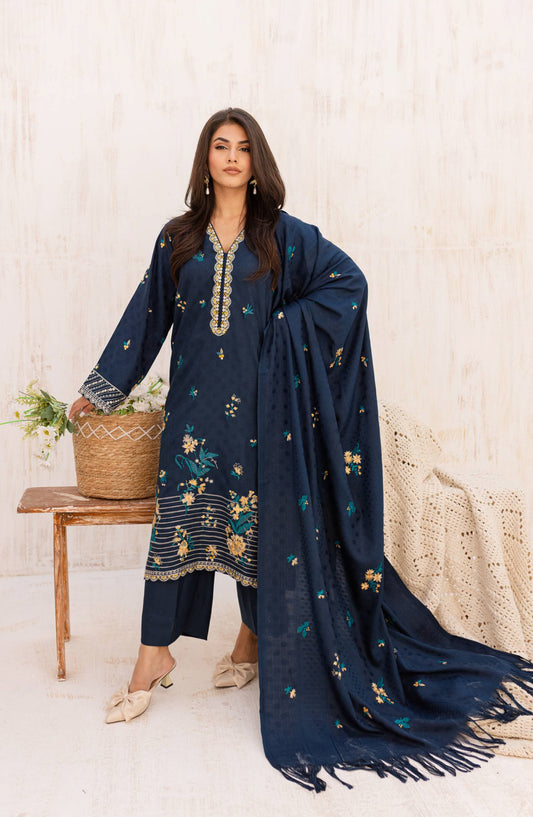 Rashid Textile Chamkeeli Embroidered Dhanak Zari Wool Unstitched 3 Piece Suit - D-4001 - RSH25CHM - Blue - Winter Collection