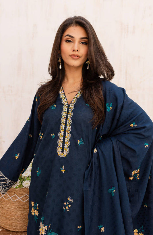 Rashid Textile Chamkeeli Embroidered Dhanak Zari Wool Unstitched 3 Piece Suit - D-4001 - RSH25CHM - Blue - Winter Collection