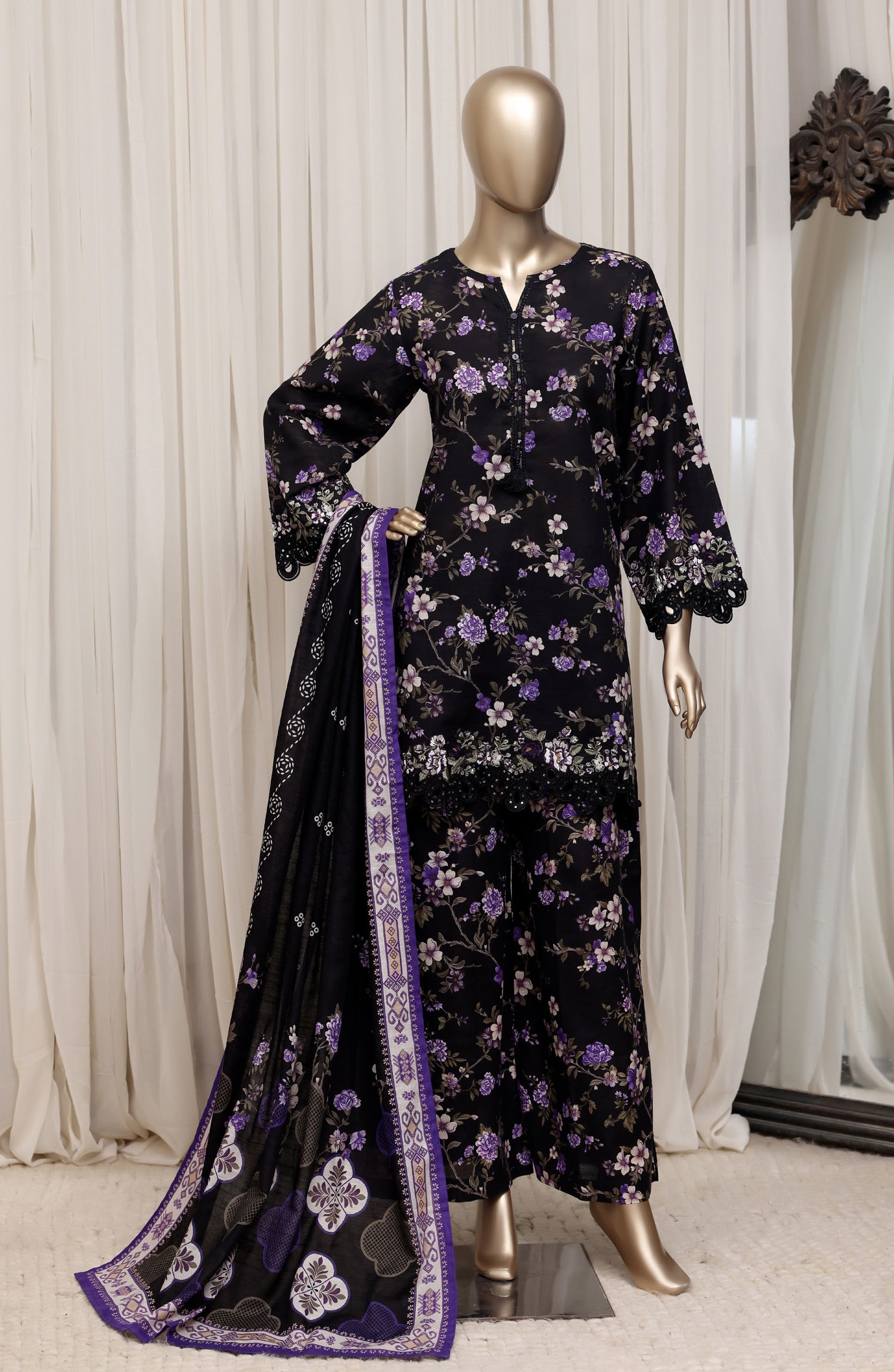 Raya by Sadabahar Embroidered Khaddar Stitched 3 Piece Suit - D-01 - SBD26DFS - Black - Festive Collection