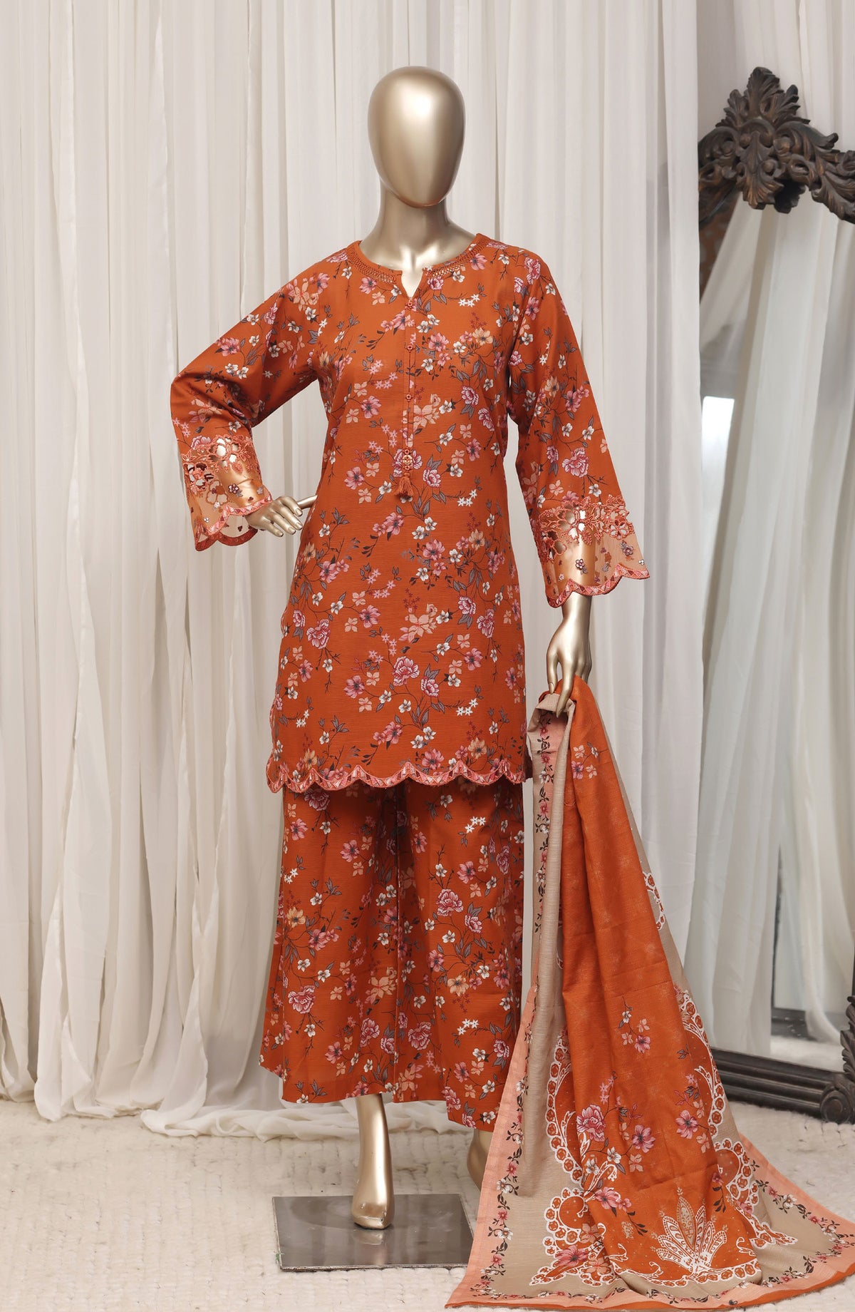 Raya by Sadabahar Embroidered Khaddar Stitched 3 Piece Suit - D-02 - SBD26DFS - Rust - Festive Collection