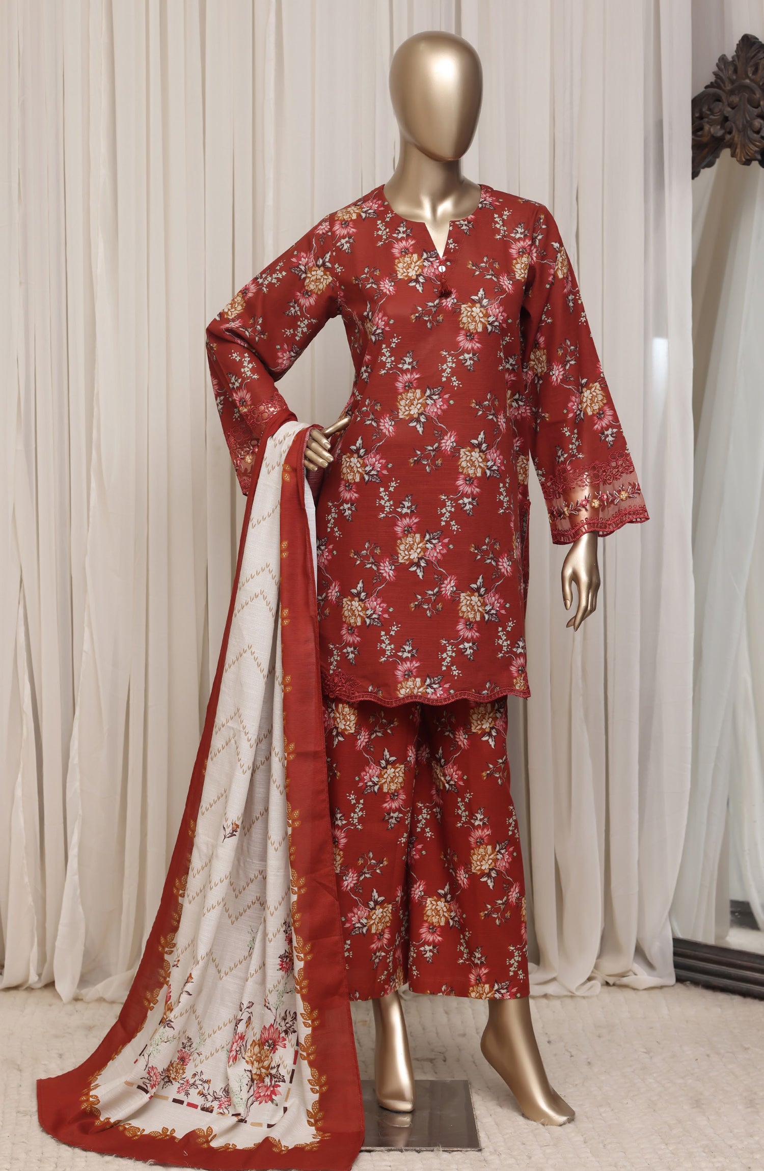 Raya by Sadabahar Embroidered Khaddar Stitched 3 Piece Suit - D-06 - SBD26DFS - Red - Festive Collection