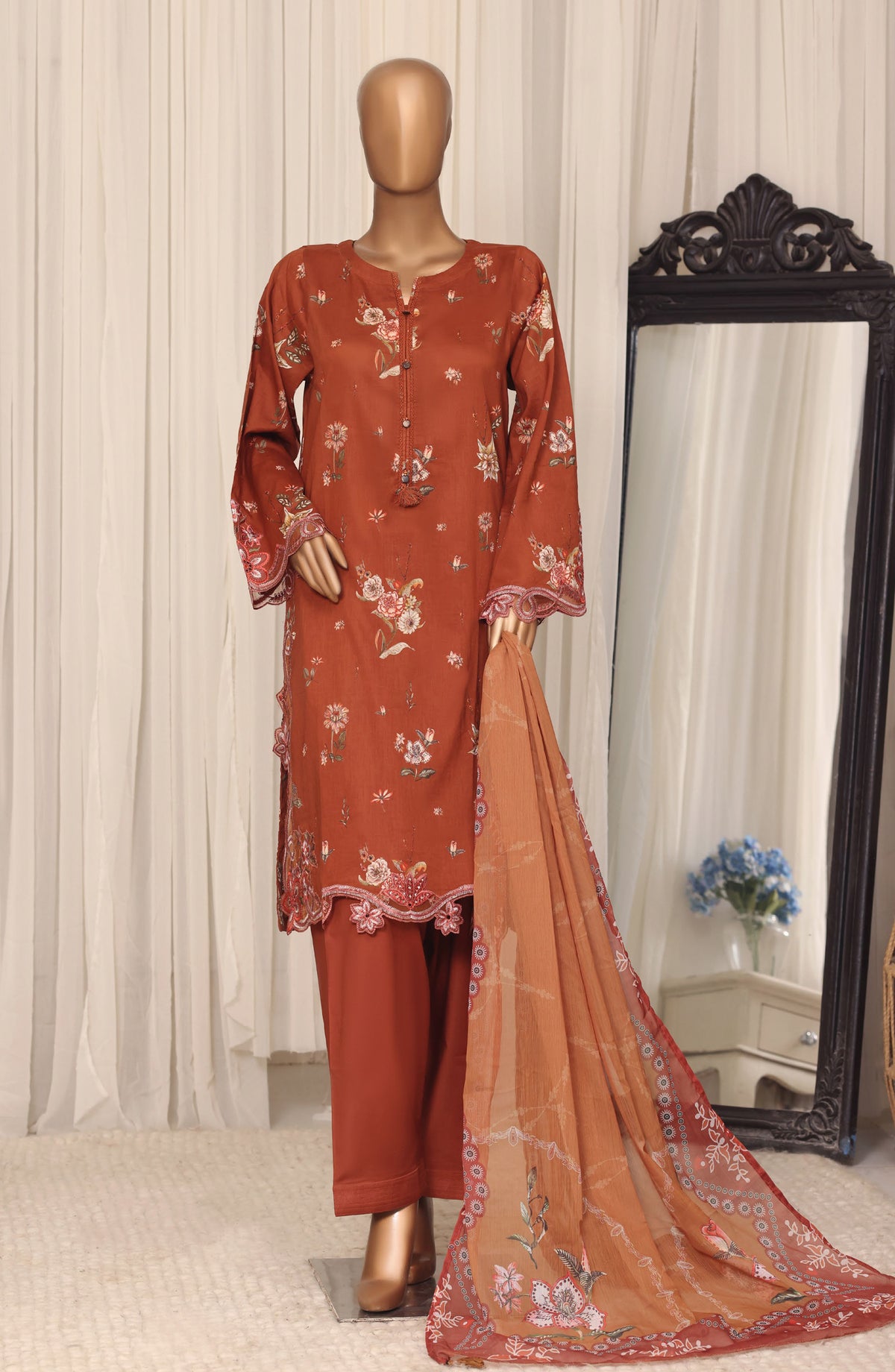 Raya by Sadabahar Embroidered Stitched 3 Piece Suit - D-02 - SBD26YAB - Rust - Festive Collection
