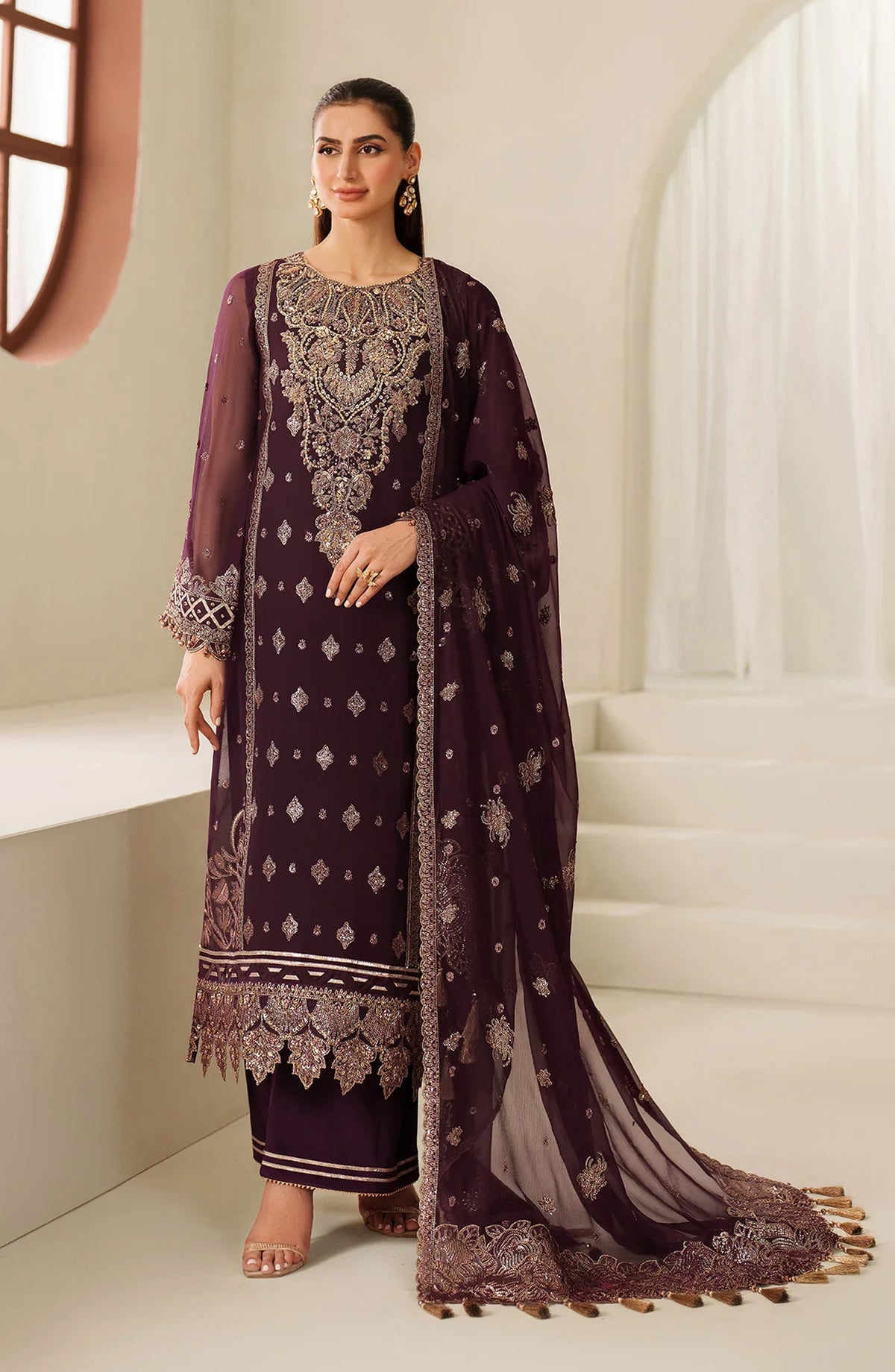 Reena by Alizeh Handcrafted Embroidered Chiffon Unstitched 3 Piece Suit - AF-HM-4053-Tehwar - ALZ25RN - Purple - Wedding Collection