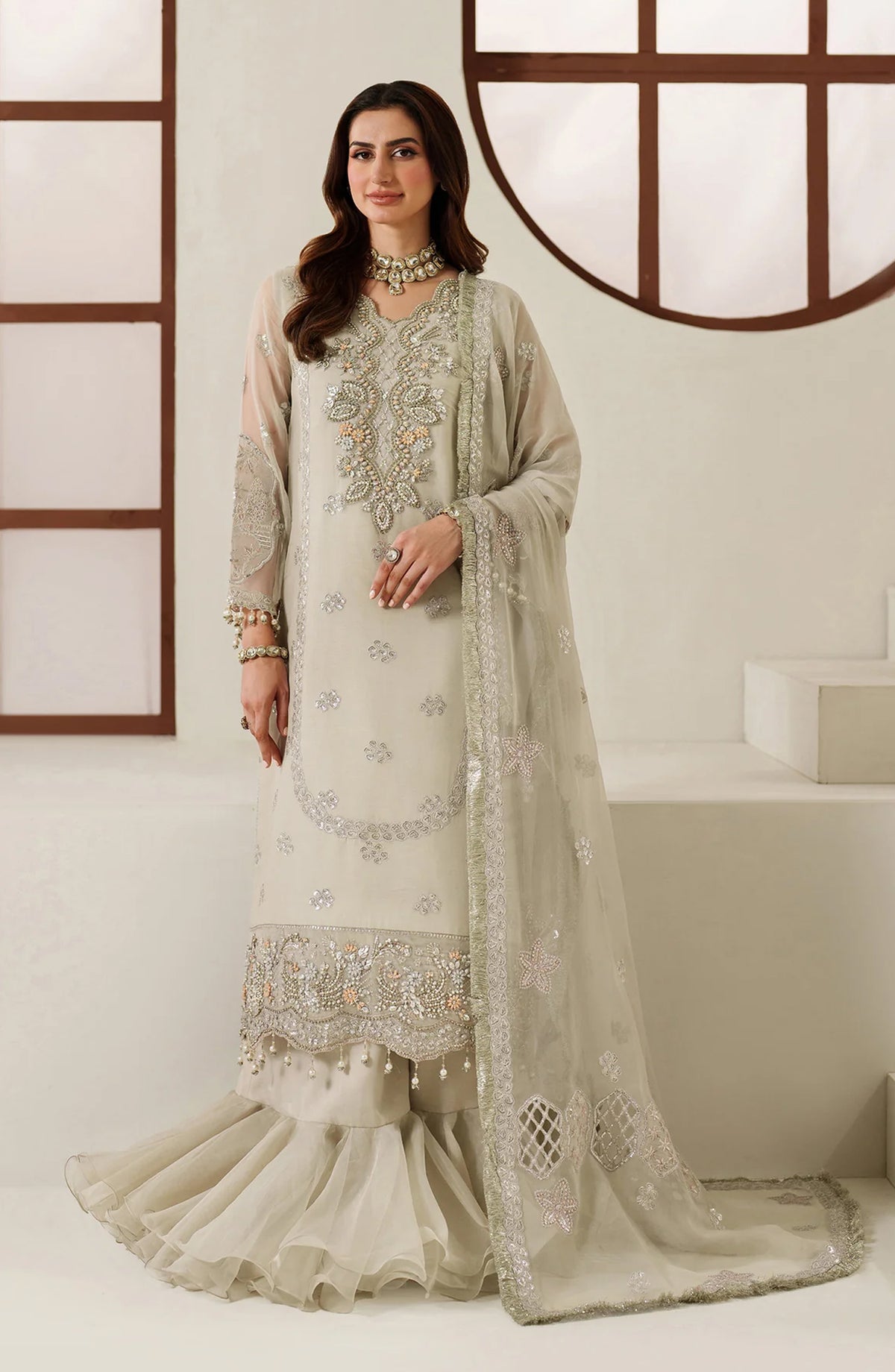 Reena by Alizeh Handcrafted Embroidered Chiffon Unstitched 3 Piece Suit - AF-HM-4048-Nashmia - ALZ25RN - Grey - Wedding Collection