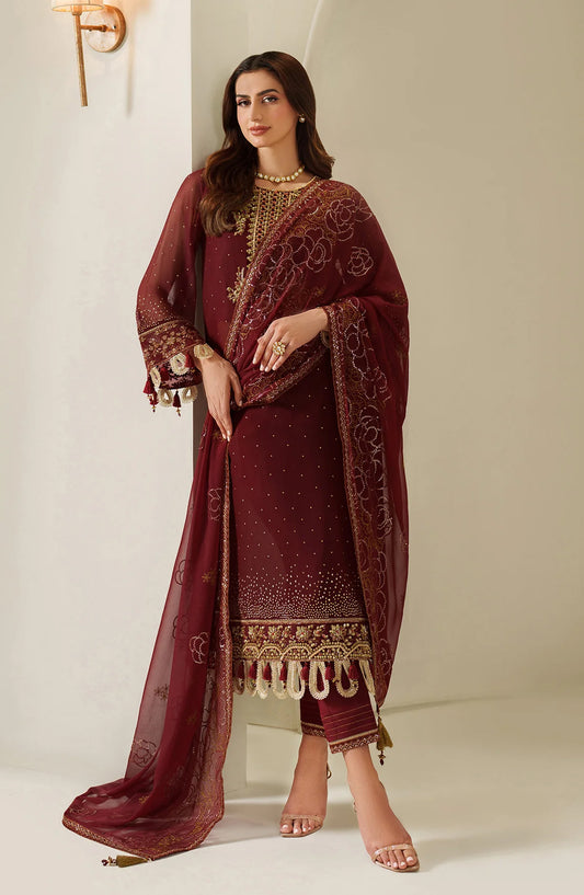 Reena by Alizeh Handcrafted Embroidered Chiffon Unstitched 3 Piece Suit - AF-HM-4047-Kavya - ALZ25RN - Maroon - Wedding Collection