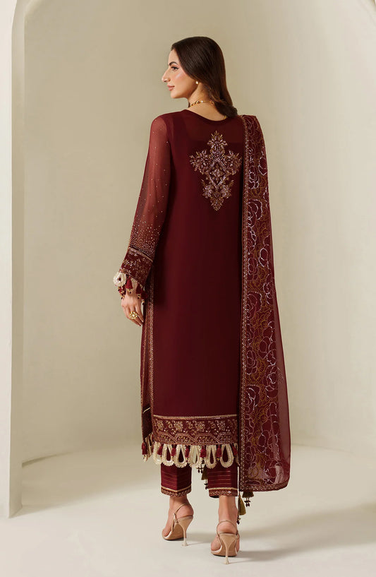 Reena by Alizeh Handcrafted Embroidered Chiffon Unstitched 3 Piece Suit - AF-HM-4047-Kavya - ALZ25RN - Maroon - Wedding Collection
