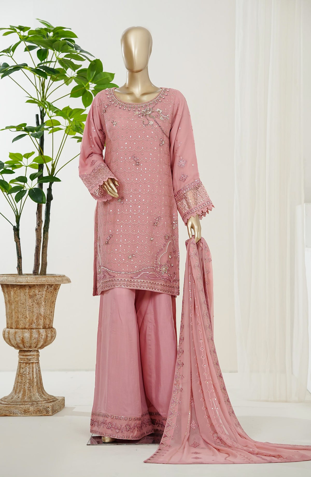 Reesha by Maria Fabrics Luxury Embroidered Chiffon Stitched 3 Piece Suit - Parishay - MRF26RES - Pink - Festive Collection